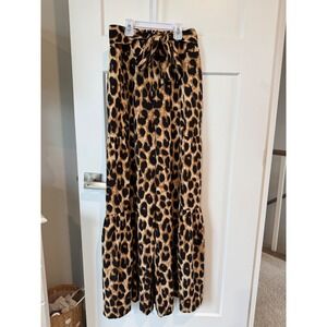 Veveret Leopard Print Wide Leg Tiered Palazzo Pants Brown Black Small
